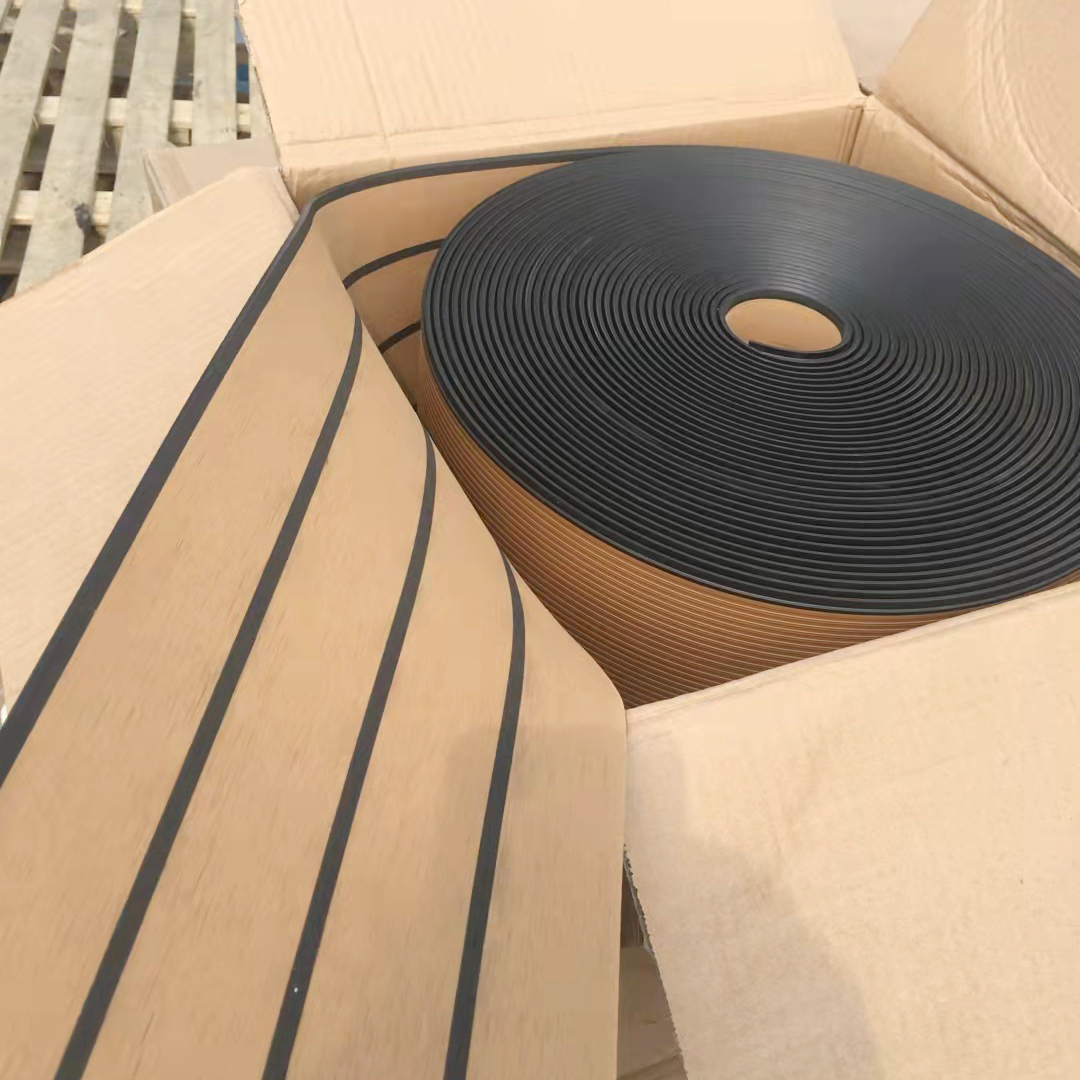 PVC Synthetic Teak Boat Decking Material Teak with Black Strips